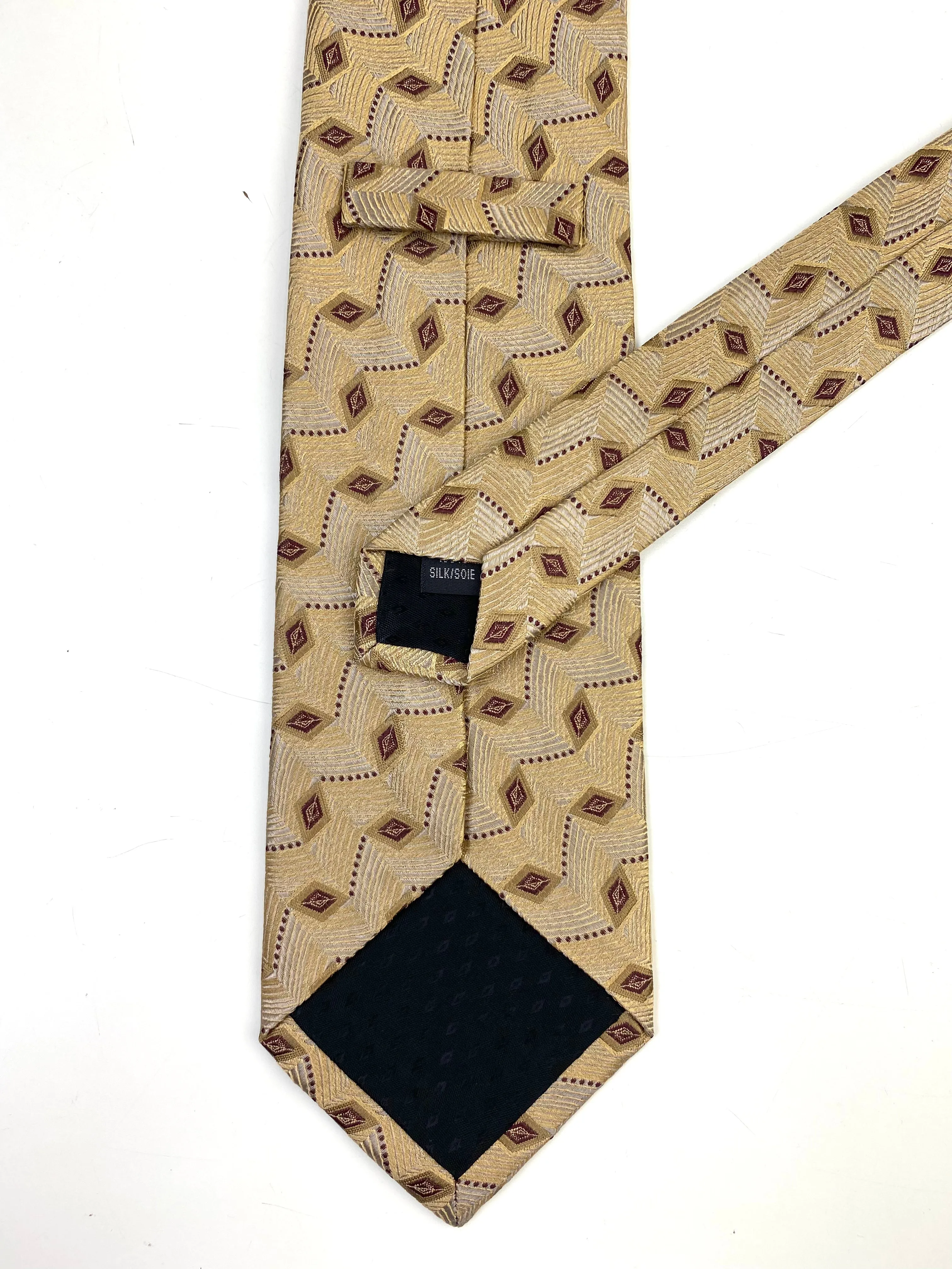 90s Deadstock Silk Necktie, Men's Vintage Gold Geometric Pattern Tie, NOS