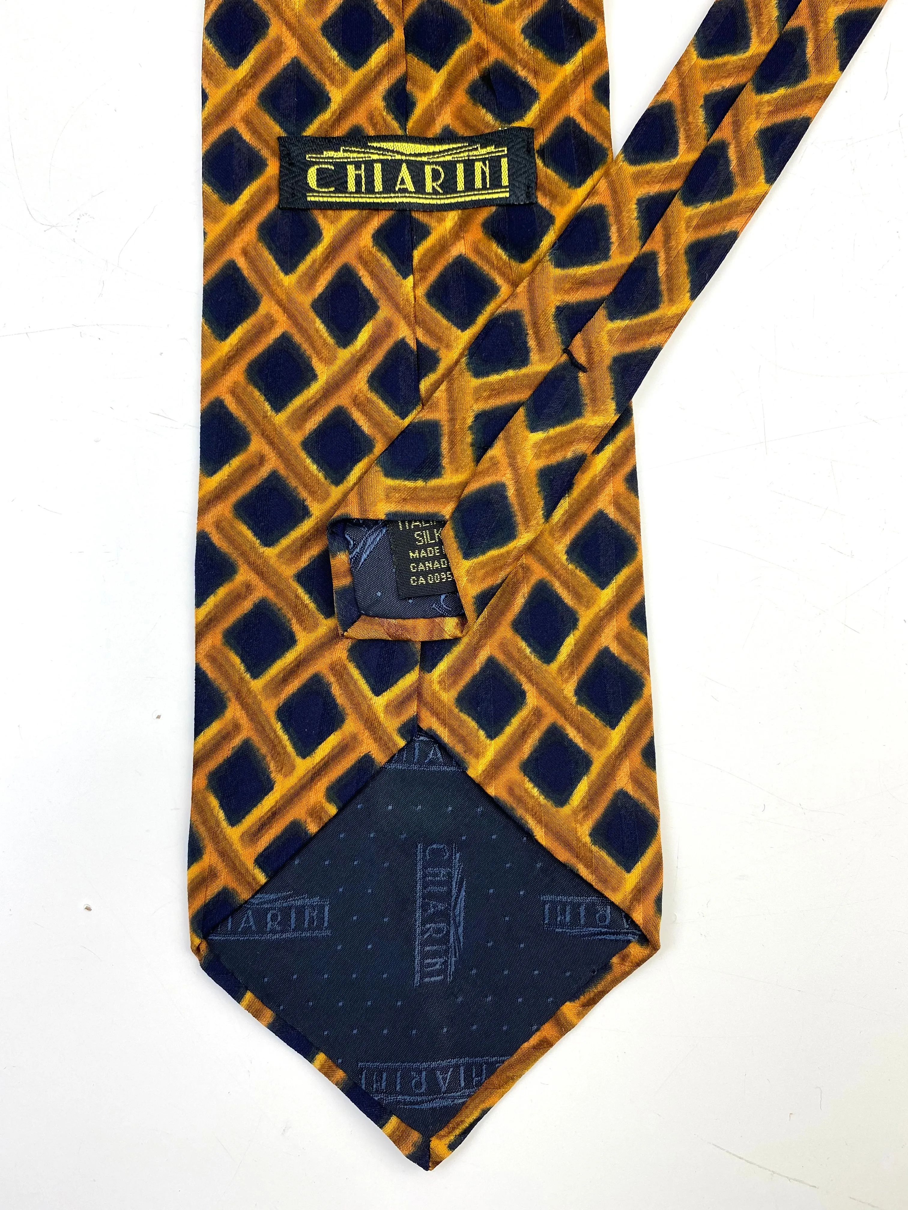 90s Deadstock Silk Necktie, Men's Vintage Gold/Navy Lattice Check Pattern Tie, NOS