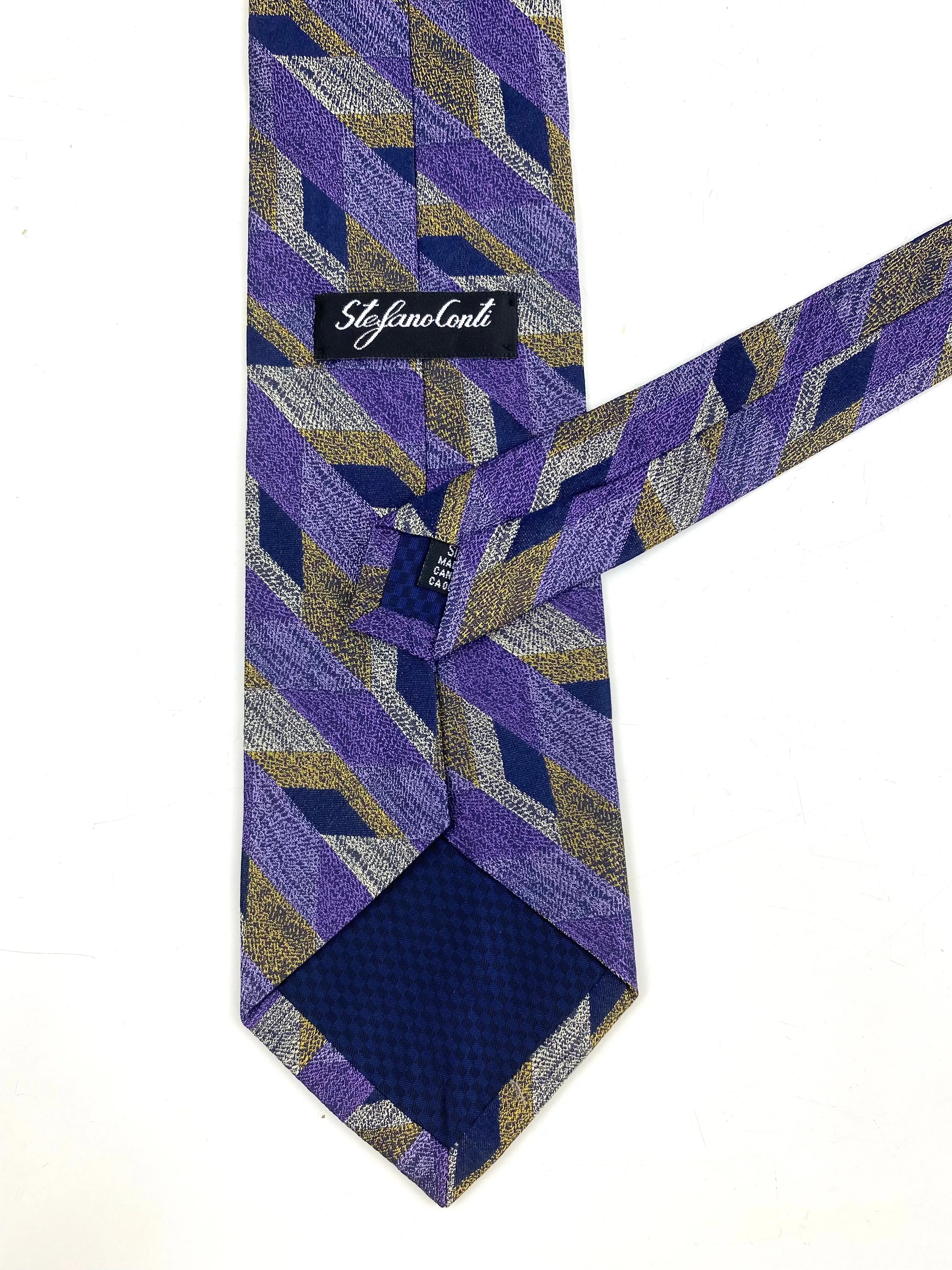 90s Deadstock Silk Necktie, Men's Vintage Purple/ Gold Geometric Stripe Pattern Tie, NOS