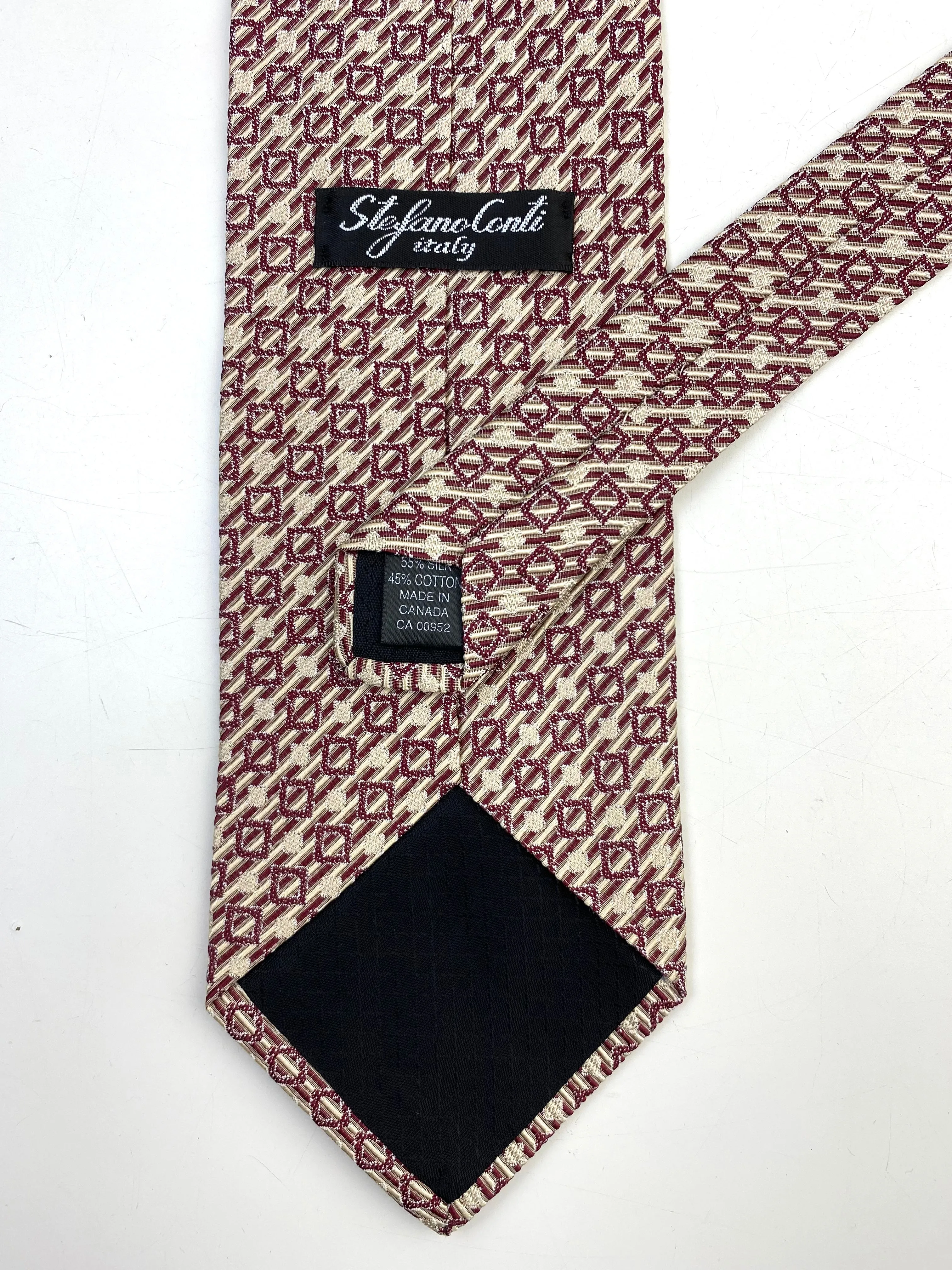 90s Deadstock Silk Necktie, Vintage Wine Geometric Square Pattern Tie, NOS