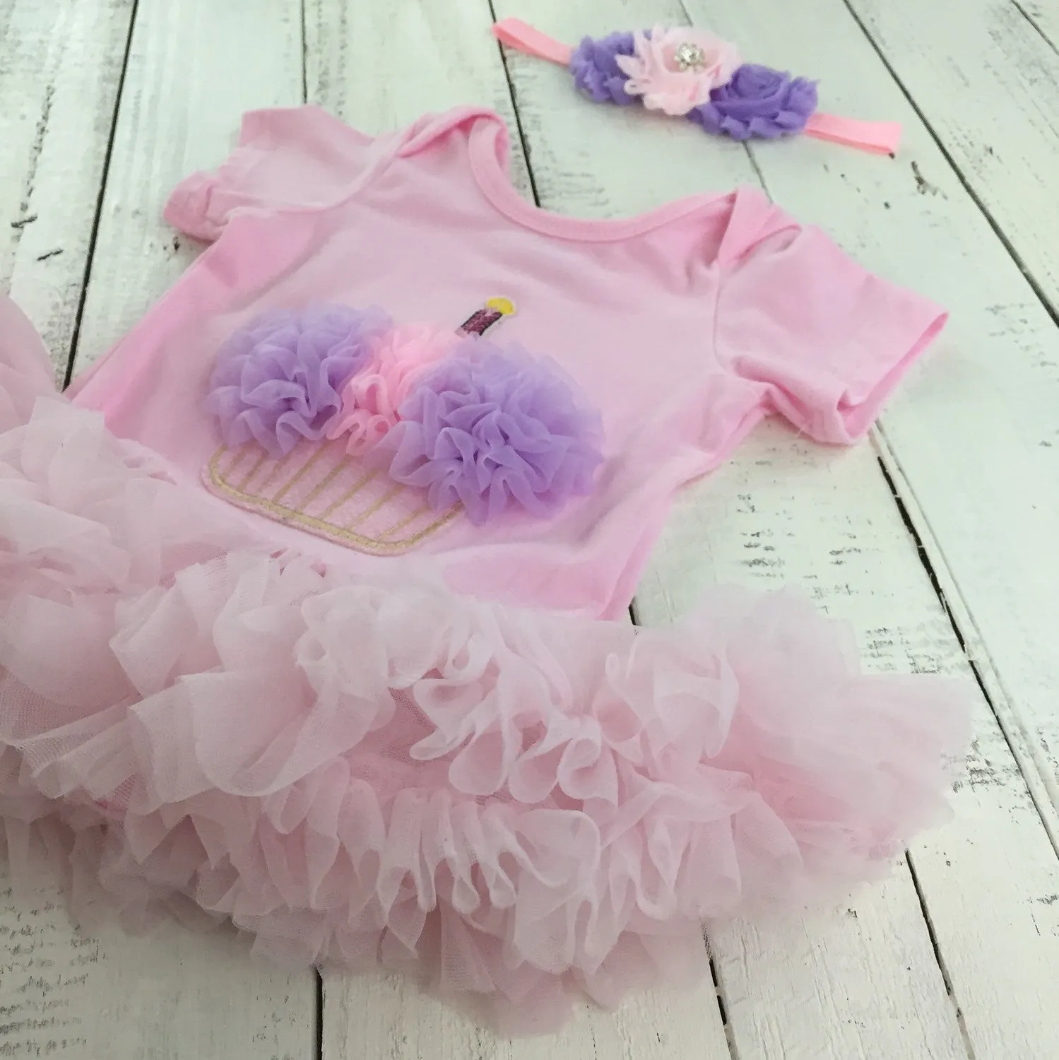 Cupcake Tutu Dress and matching rhinestone headband - Pink and Purple