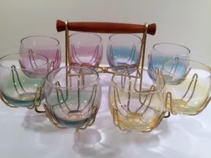 Federal Glass Mid-Century Somewhere Over the Rainbow Roly Poly Bar Set (8 Glasses with Carrier)