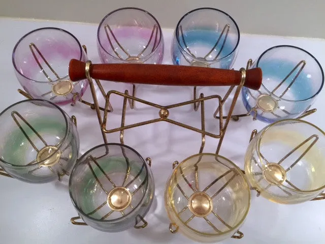 Federal Glass Mid-Century Somewhere Over the Rainbow Roly Poly Bar Set (8 Glasses with Carrier)