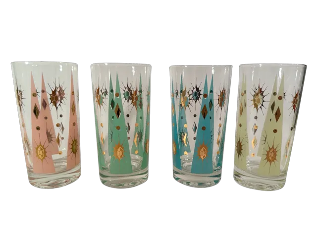 Fred Press Signed Mid-Century Pastel Atomic Burst Highball Glasses (Set of 4)