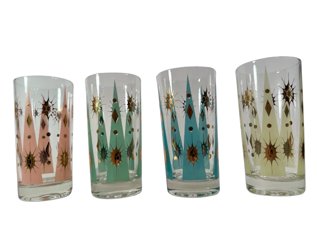 Fred Press Signed Mid-Century Pastel Atomic Burst Highball Glasses (Set of 4)