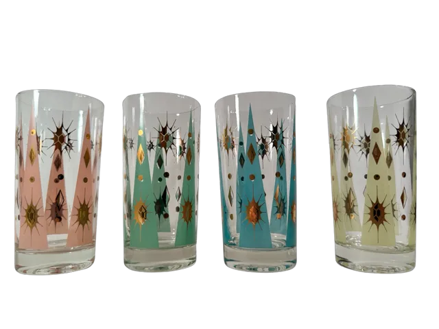 Fred Press Signed Mid-Century Pastel Atomic Burst Highball Glasses (Set of 4)