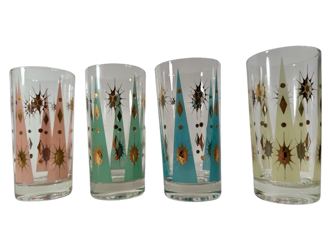 Fred Press Signed Mid-Century Pastel Atomic Burst Highball Glasses (Set of 4)