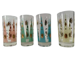 Fred Press Signed Mid-Century Pastel Atomic Burst Highball Glasses (Set of 4)