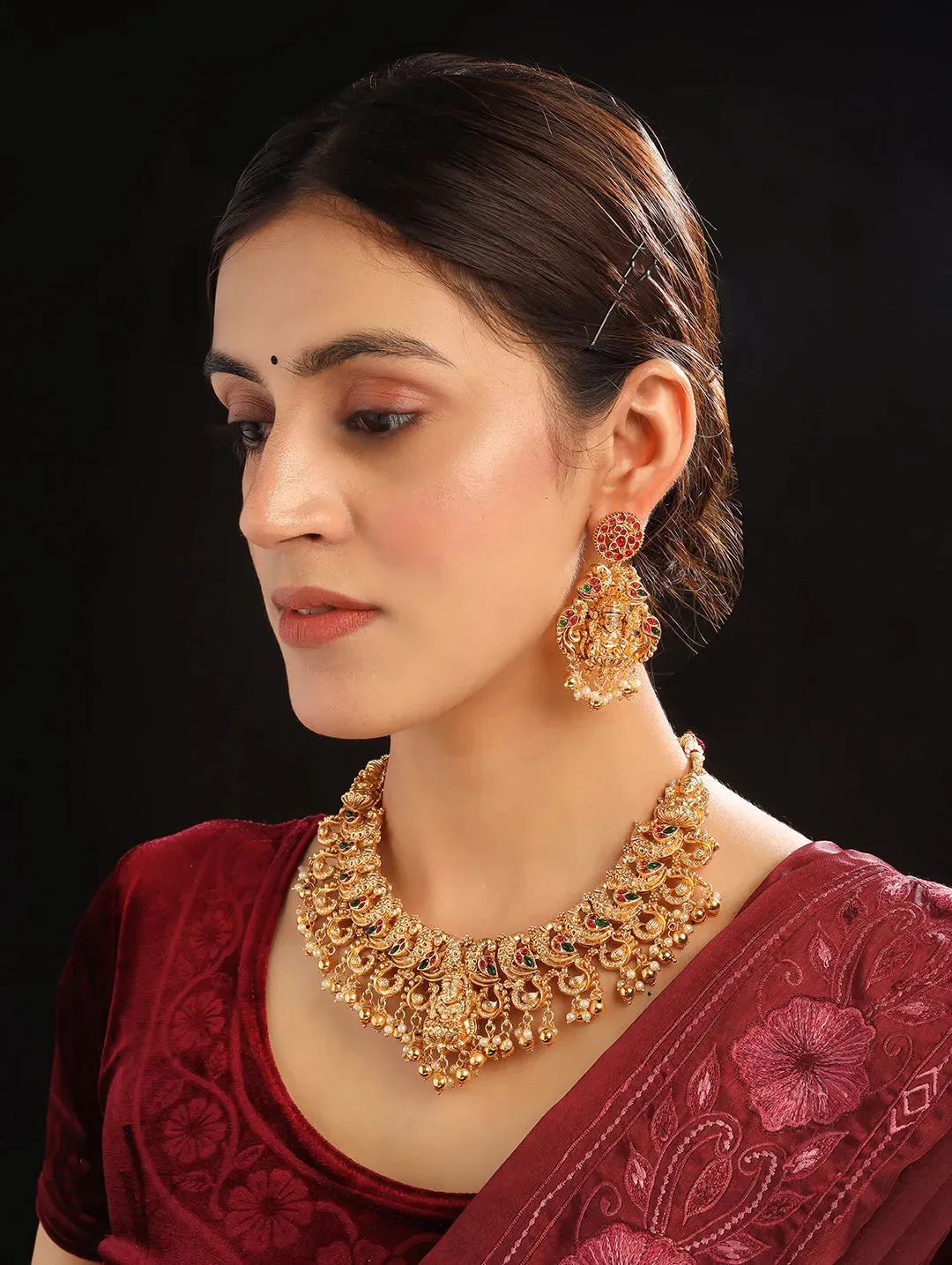 Gold Plated Mahalakshmi Necklace set with Gold Droplet Beads