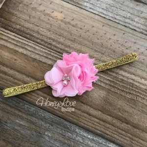 Light Pink/Bubblegum Pink shabby flower headband - Silver or Gold glitter elastic