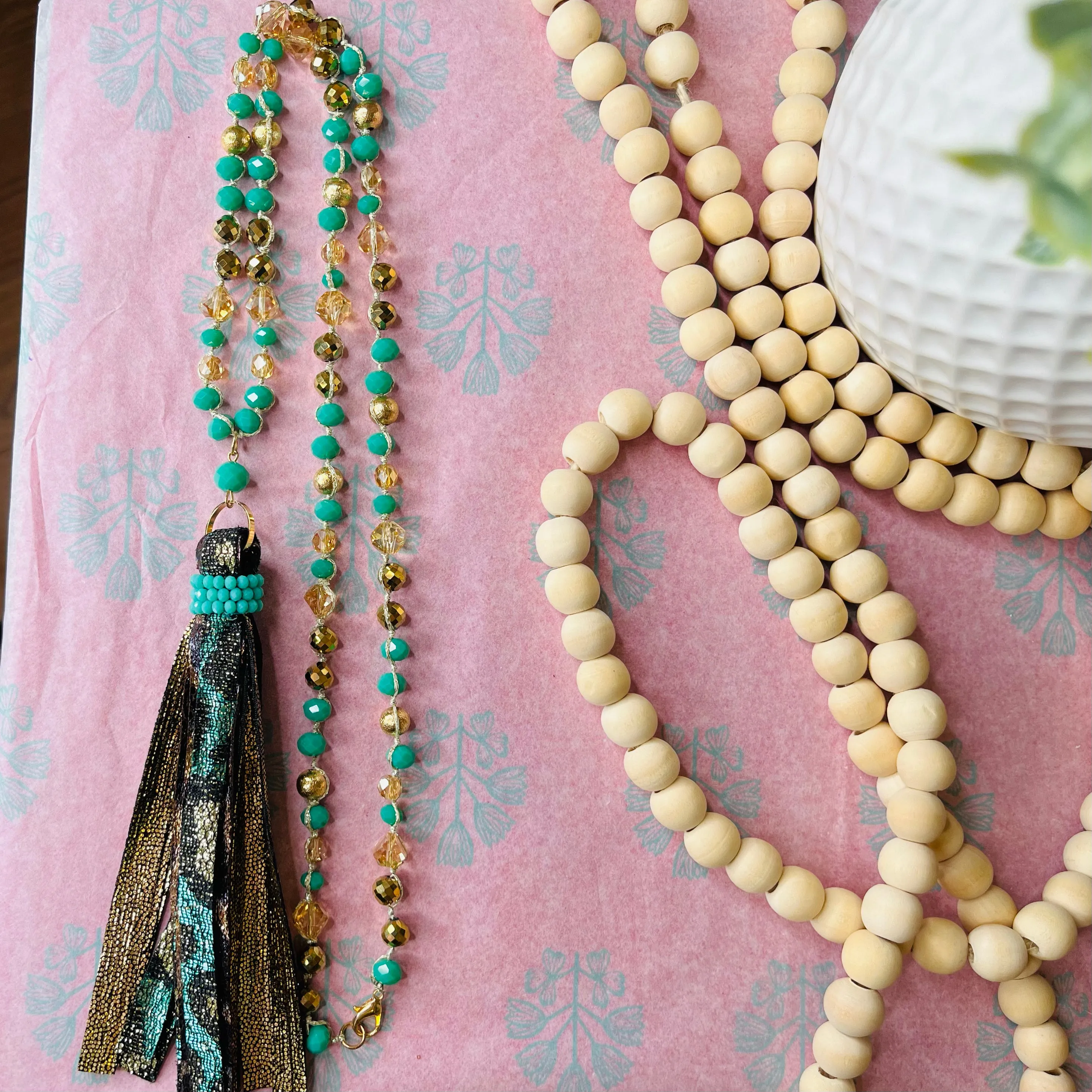 long beaded chain tassel necklace: teal and tan