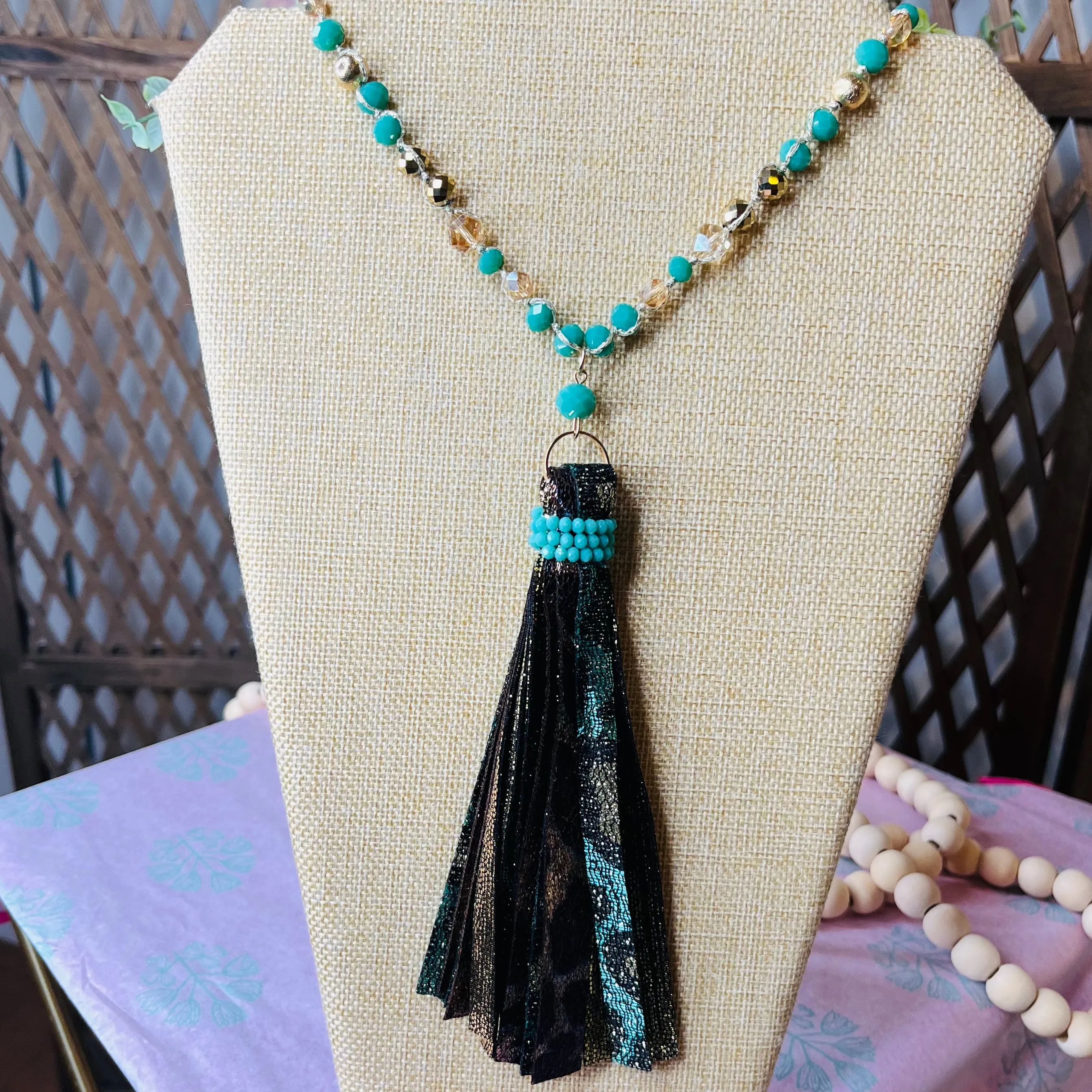 long beaded chain tassel necklace: teal and tan