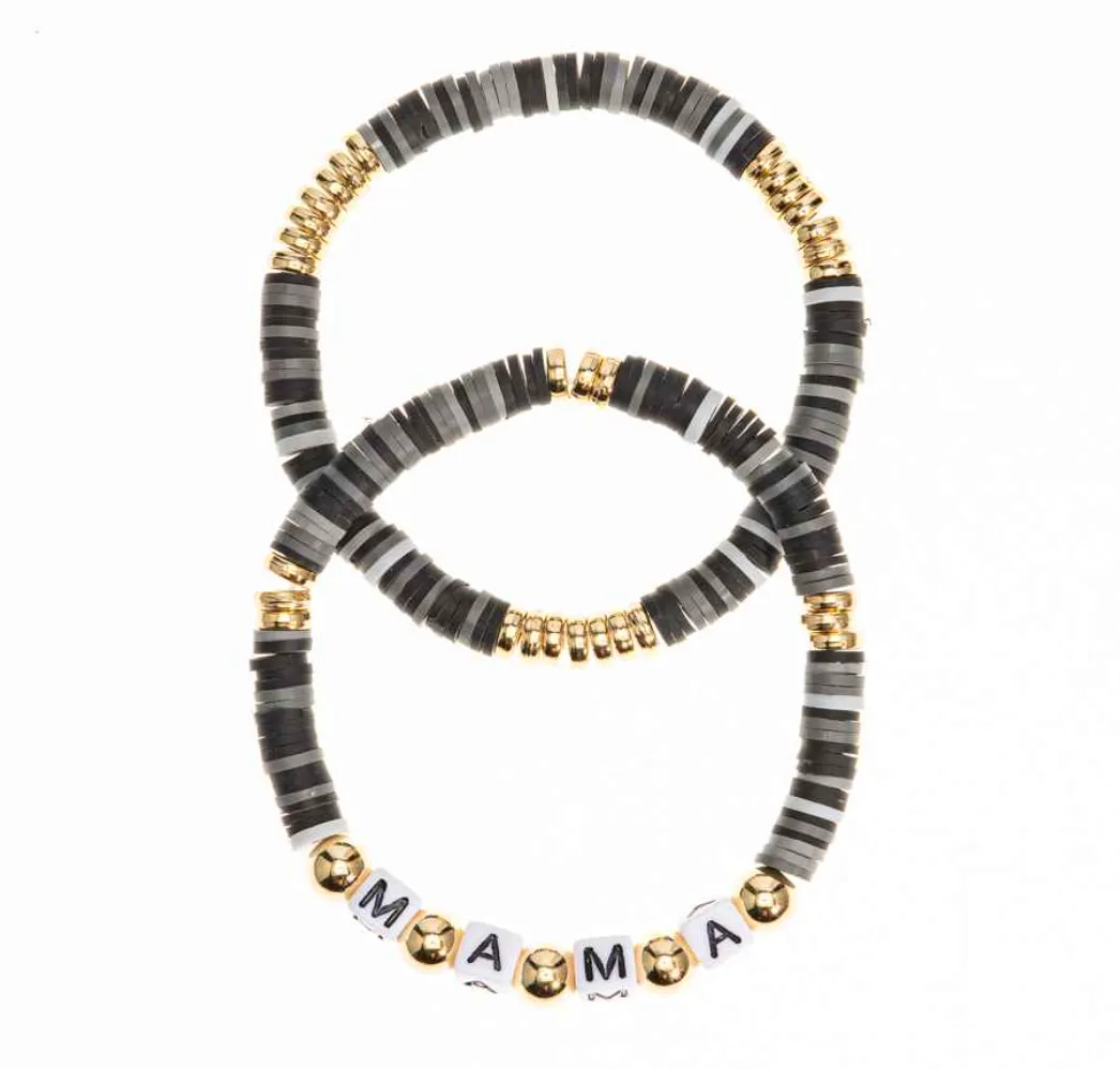 'Mama' Stretch Bracelet Set - Jet & Gold