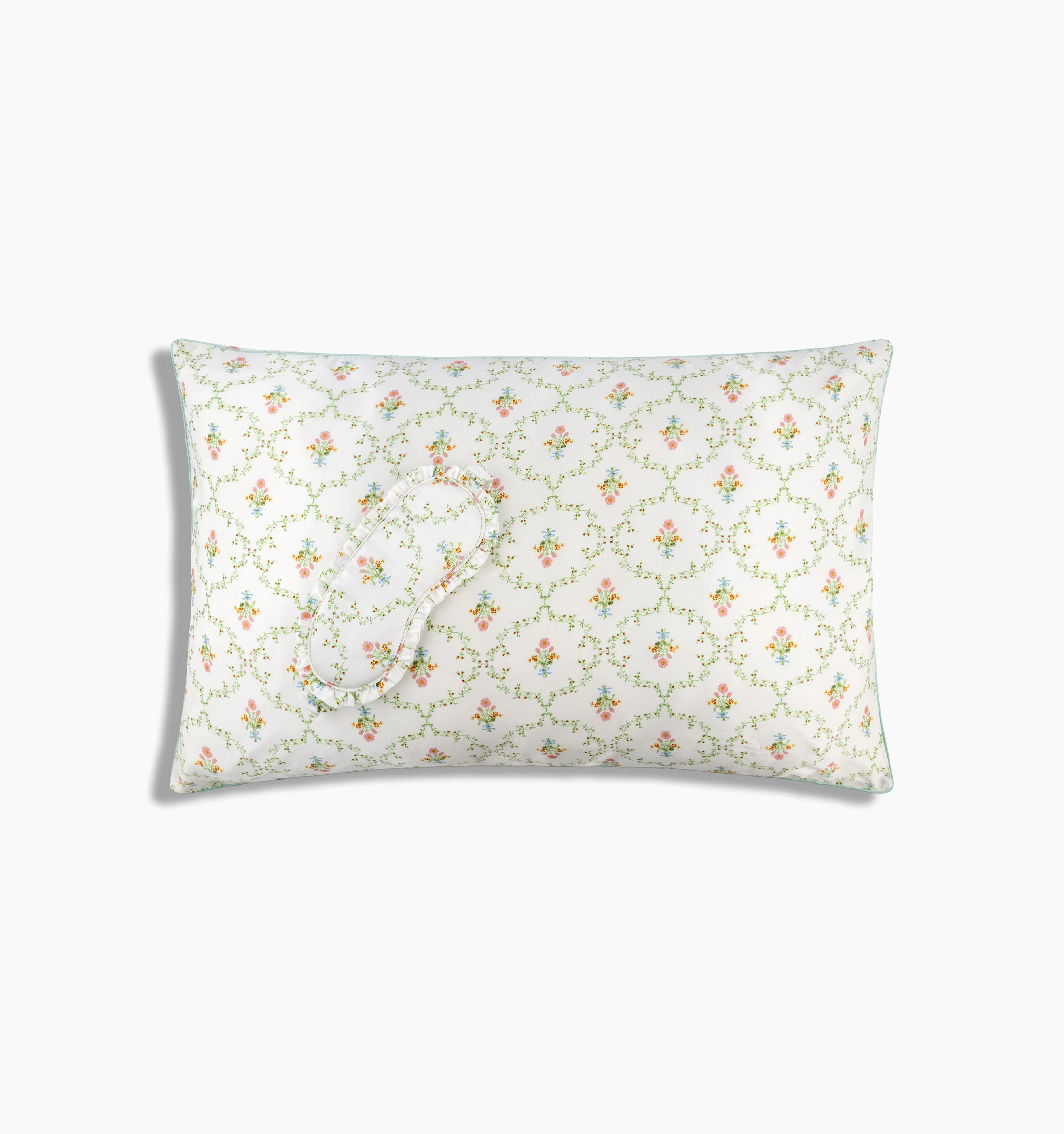 The Ruffle Eye Mask & Silk Pillowcase Set - Pastel Trellis